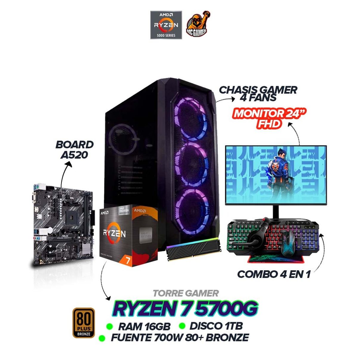AMD - PC Ryzen 7 5700G / 16GB RAM / SSD 1TB / 700W 80+ / Monitor 24" FHD 120Hz /Combo 4 En 1