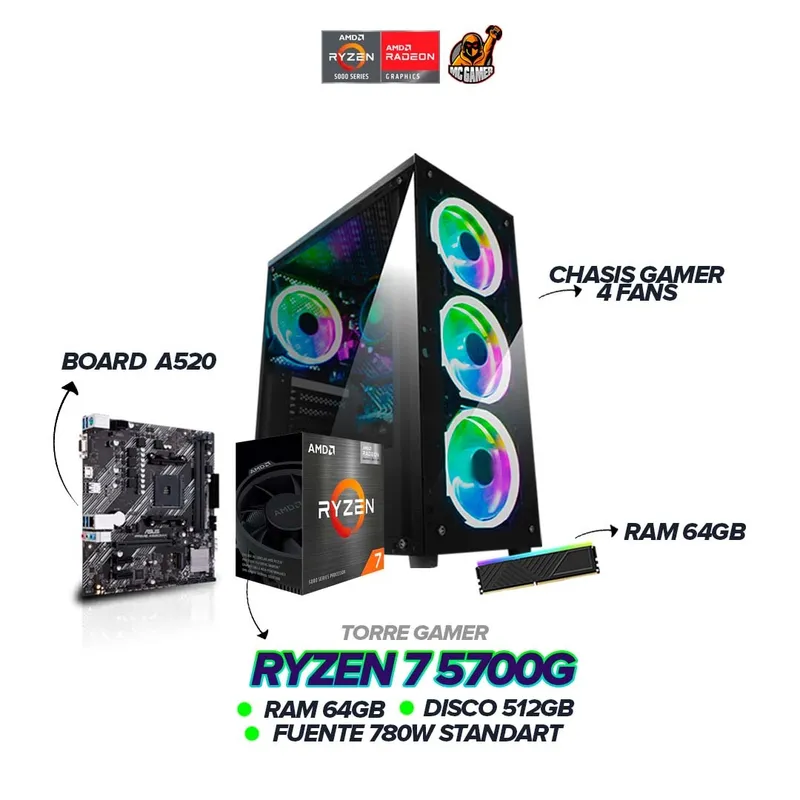 AMD - PC Gamer Ryzen 7 5700G / 64GB RAM / 512GB SSD / Board A520 / 780W