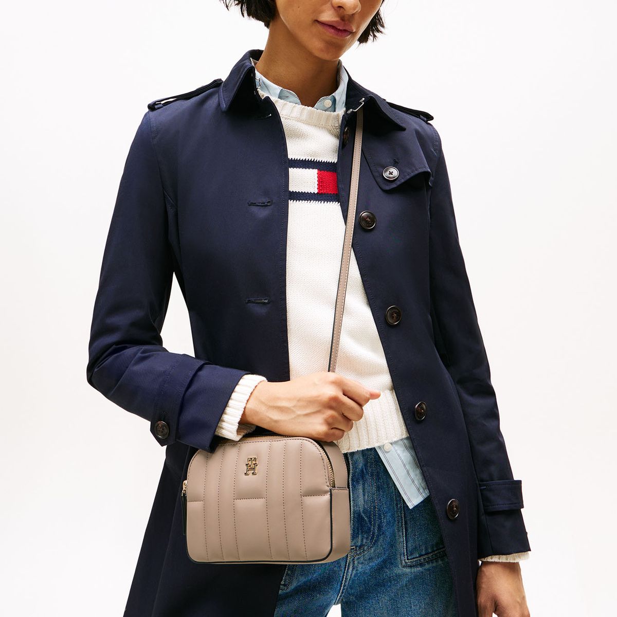 TOMMY HILFIGER - Bolso beige cruzado acolchado con monograma TH Tommy Hilfiger