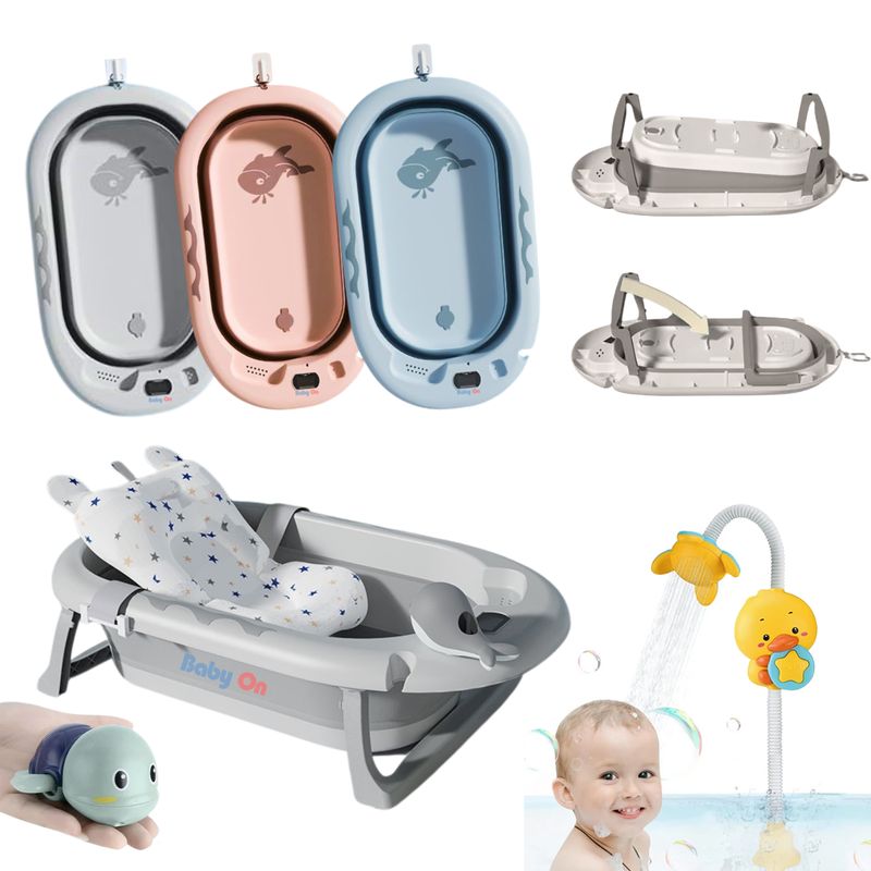 BABY ON - Bañera Tina Para Bebe Plegable Termometro Cojín Ducha Gris