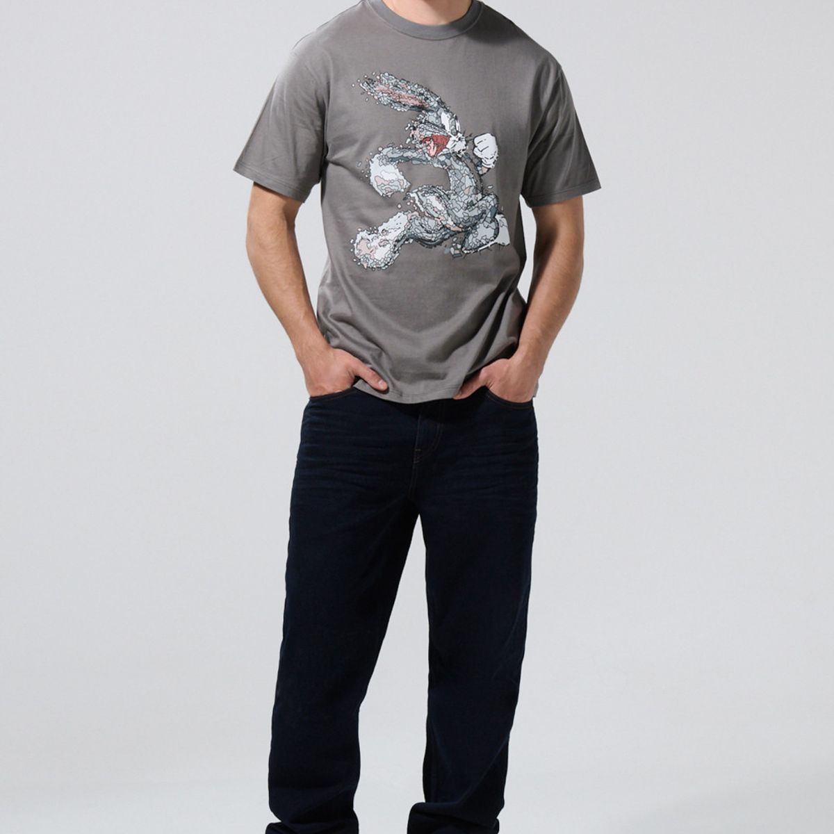 KOAJ - KOAJ Camiseta gris de Looney Tunes con cuello redondo Hombre