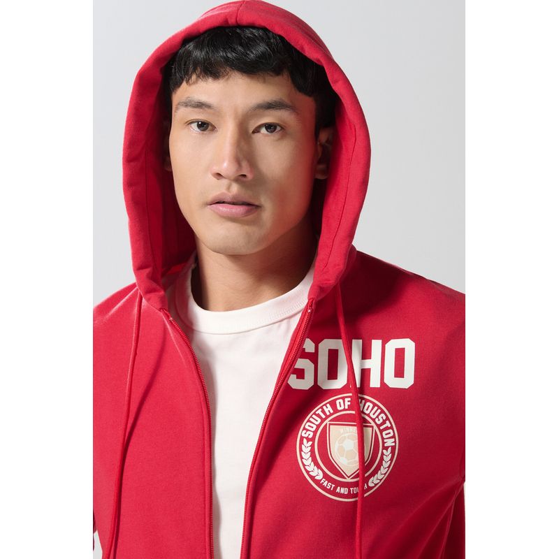 KOAJ - KOAJ Buzo rojo con cremallera, capota y estampado college Hombre