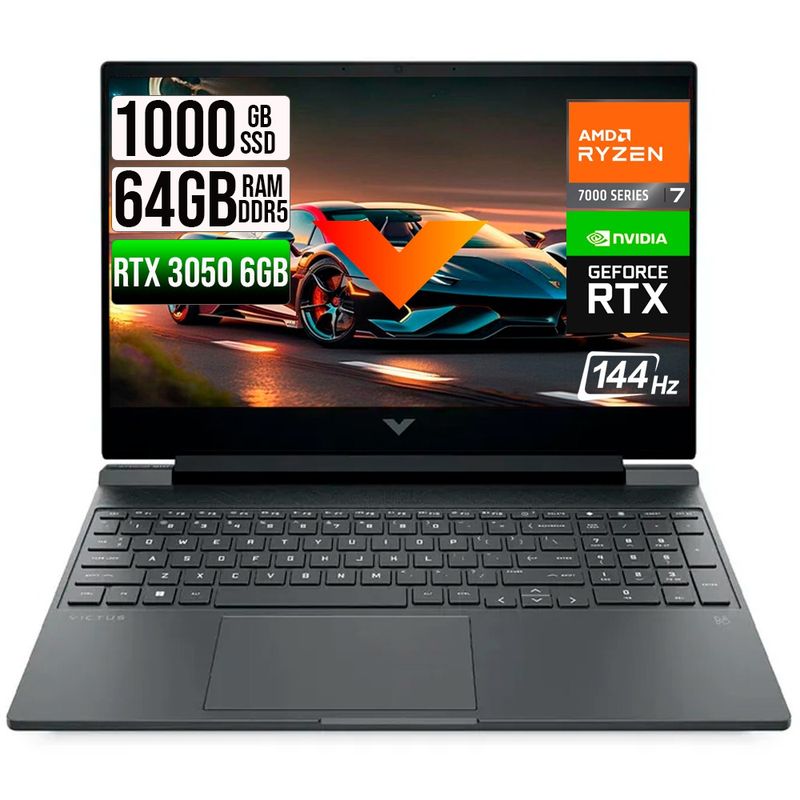 HP - HP VICTUS AMD RYZEN 7-7445HS RTX 3050 6GB SSD 1TB RAM 64GB LED 15,6" FHD 144Hz