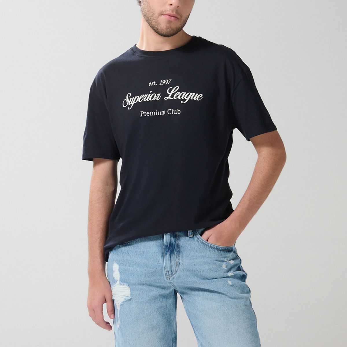 KOAJ - KOAJ Bermuda slim azul en jean con tiro bajo y rotos delante Hombre