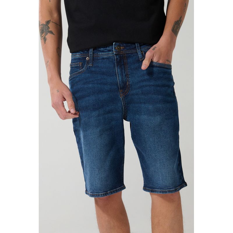 KOAJ - KOAJ Bermuda en jean tiro bajo slim azul oscura con cremalle Hombre