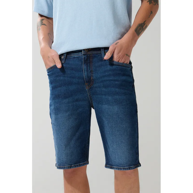 KOAJ - KOAJ Bermuda slim en jean azul oscura con bolsillos y tiro b Hombre