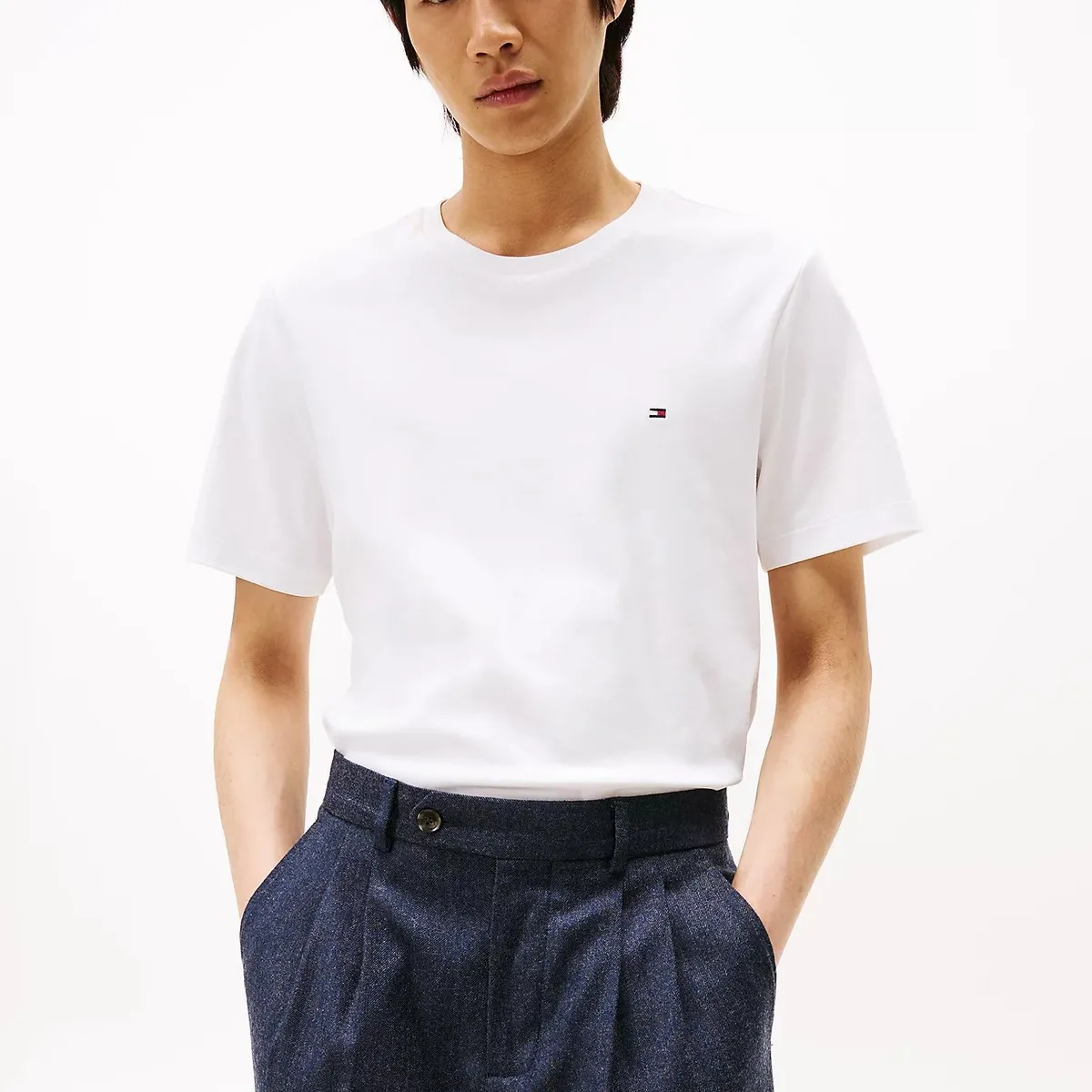 TOMMY HILFIGER - Camiseta blanca de cuello redondo y punto interlock Tommy Hilfiger