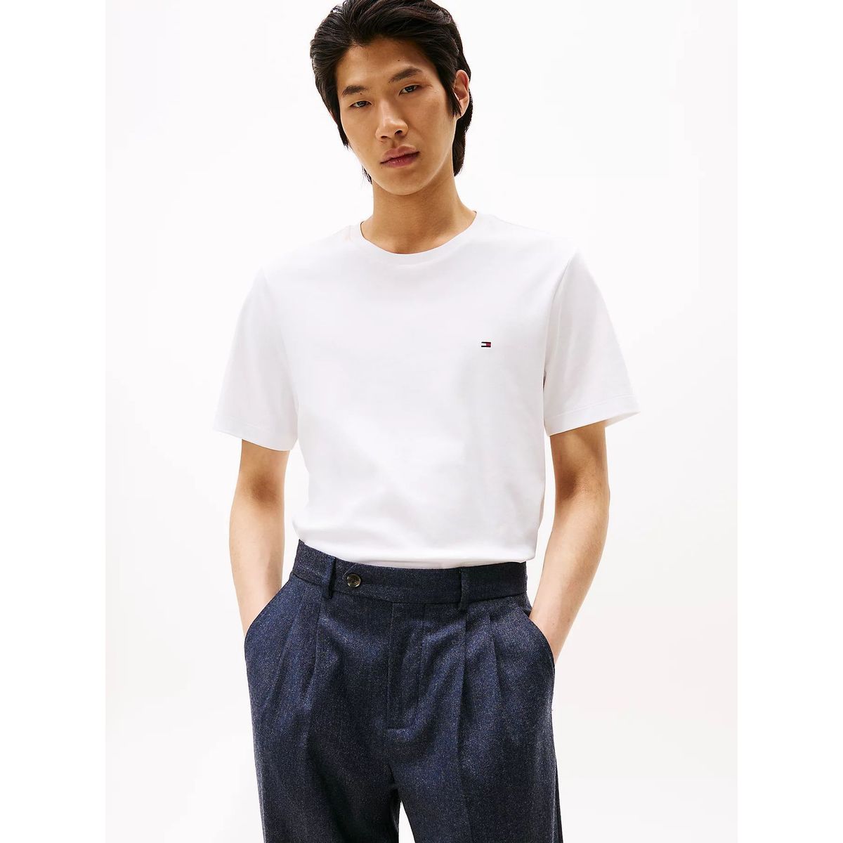 TOMMY HILFIGER - Camiseta blanca de cuello redondo y punto interlock Tommy Hilfiger