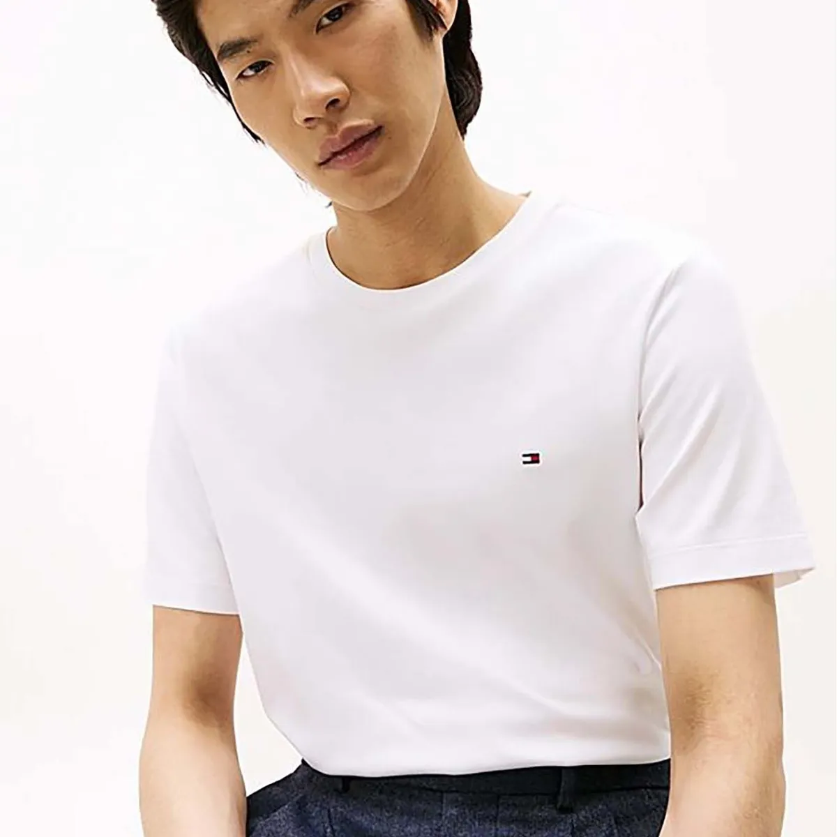 TOMMY HILFIGER - Camiseta blanca de cuello redondo y punto interlock Tommy Hilfiger