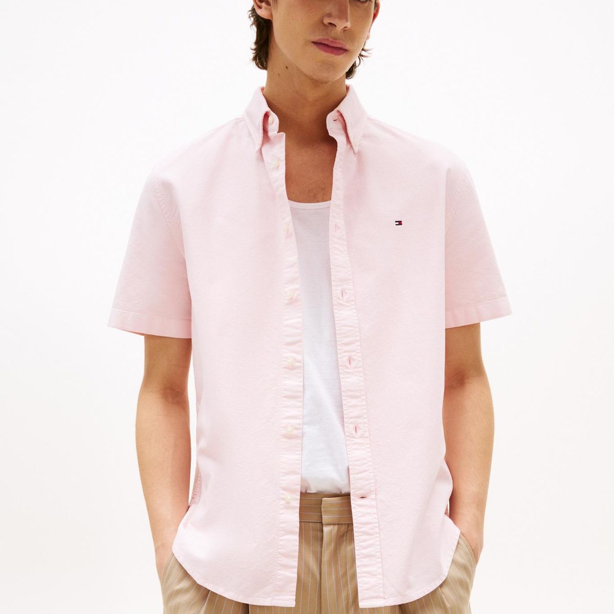 TOMMY HILFIGER - Camisa rosa Oxford de manga corta y corte regular Tommy Hilfiger