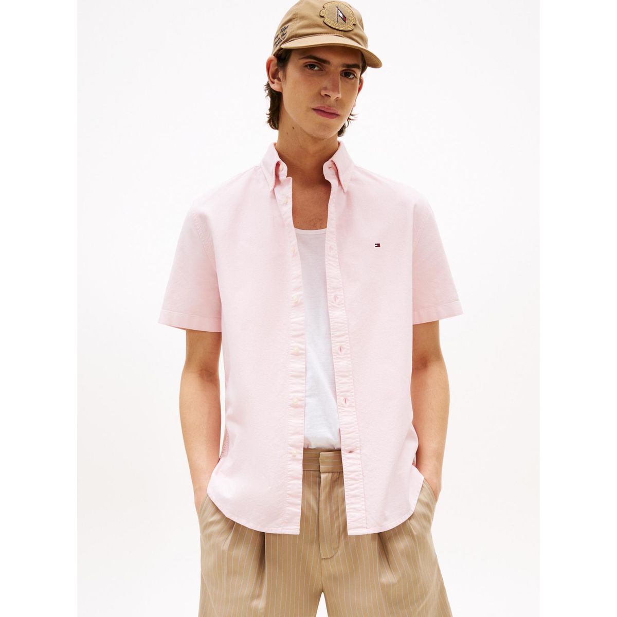 TOMMY HILFIGER - Camisa rosa Oxford de manga corta y corte regular Tommy Hilfiger