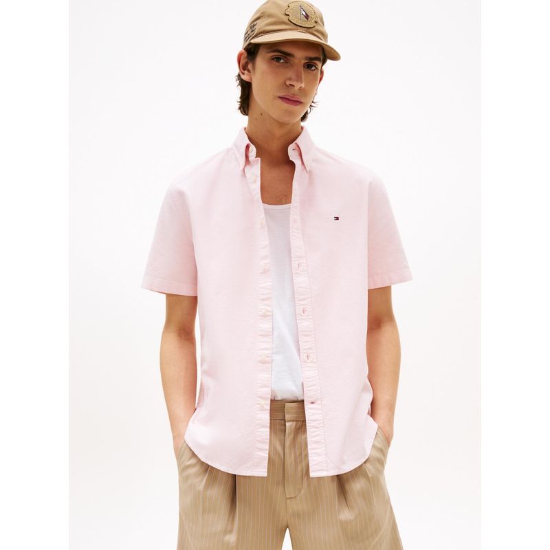 TOMMY HILFIGER - Camisa rosa Oxford de manga corta y corte regular Tommy Hilfiger