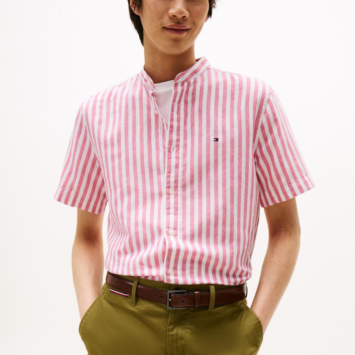 TOMMY HILFIGER - Camisa rosada con diseño de rayas y cuello mao Tommy Hilfiger