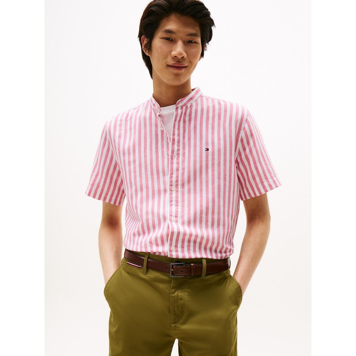 TOMMY HILFIGER - Camisa rosada con diseño de rayas y cuello mao Tommy Hilfiger