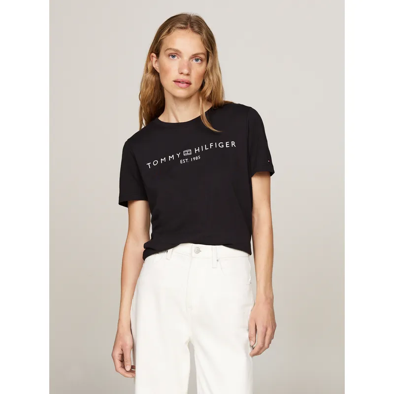 TOMMY HILFIGER - Camiseta negra con cuello redondo y logo distintivo Tommy Hilfiger