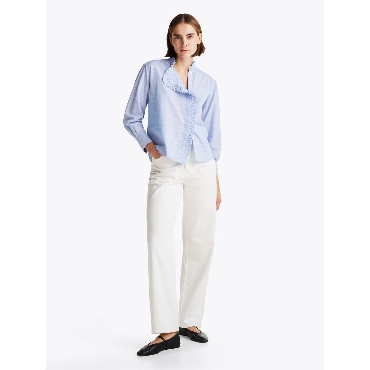 TOMMY HILFIGER - Camisa celeste de rayas con cuello con volantes Tommy Hilfiger