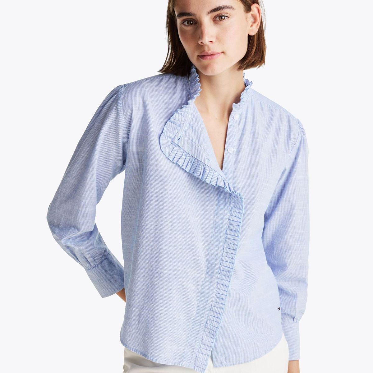 TOMMY HILFIGER - Camisa celeste de rayas con cuello con volantes Tommy Hilfiger