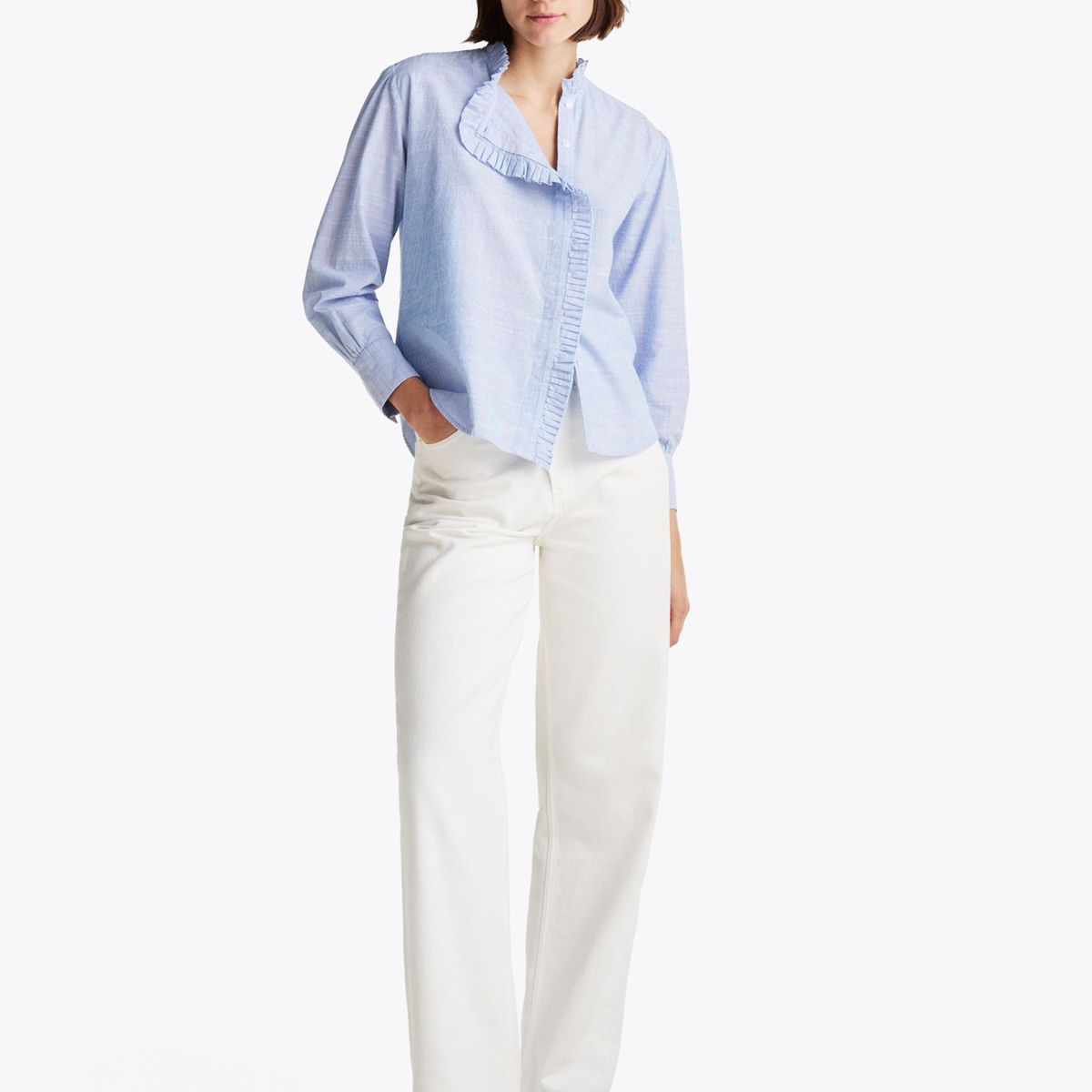 TOMMY HILFIGER - Camisa celeste de rayas con cuello con volantes Tommy Hilfiger