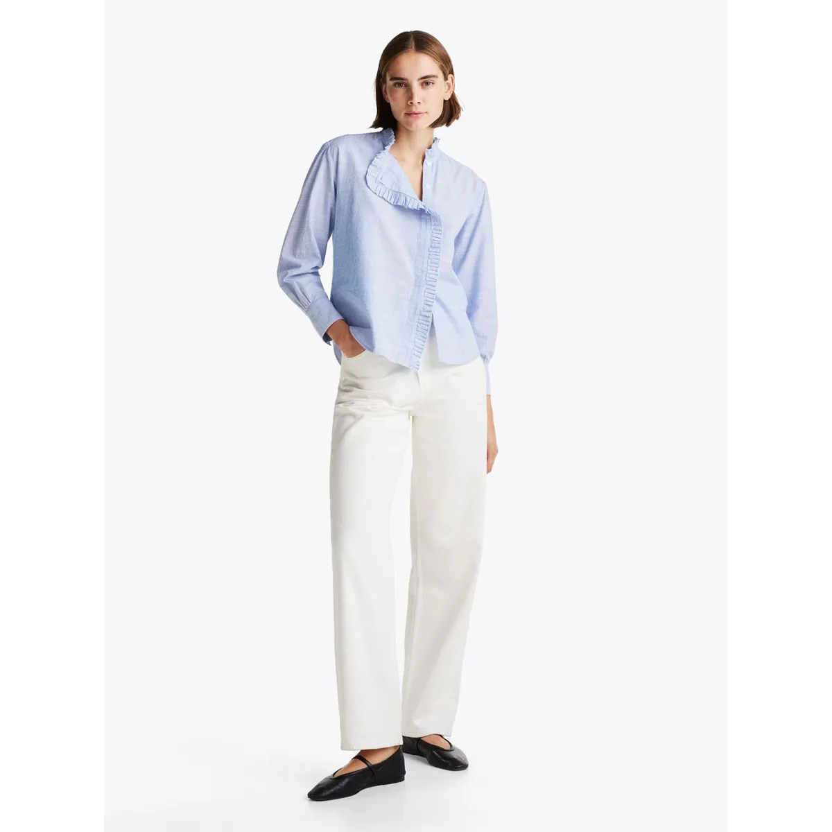 TOMMY HILFIGER - Camisa celeste de rayas con cuello con volantes Tommy Hilfiger