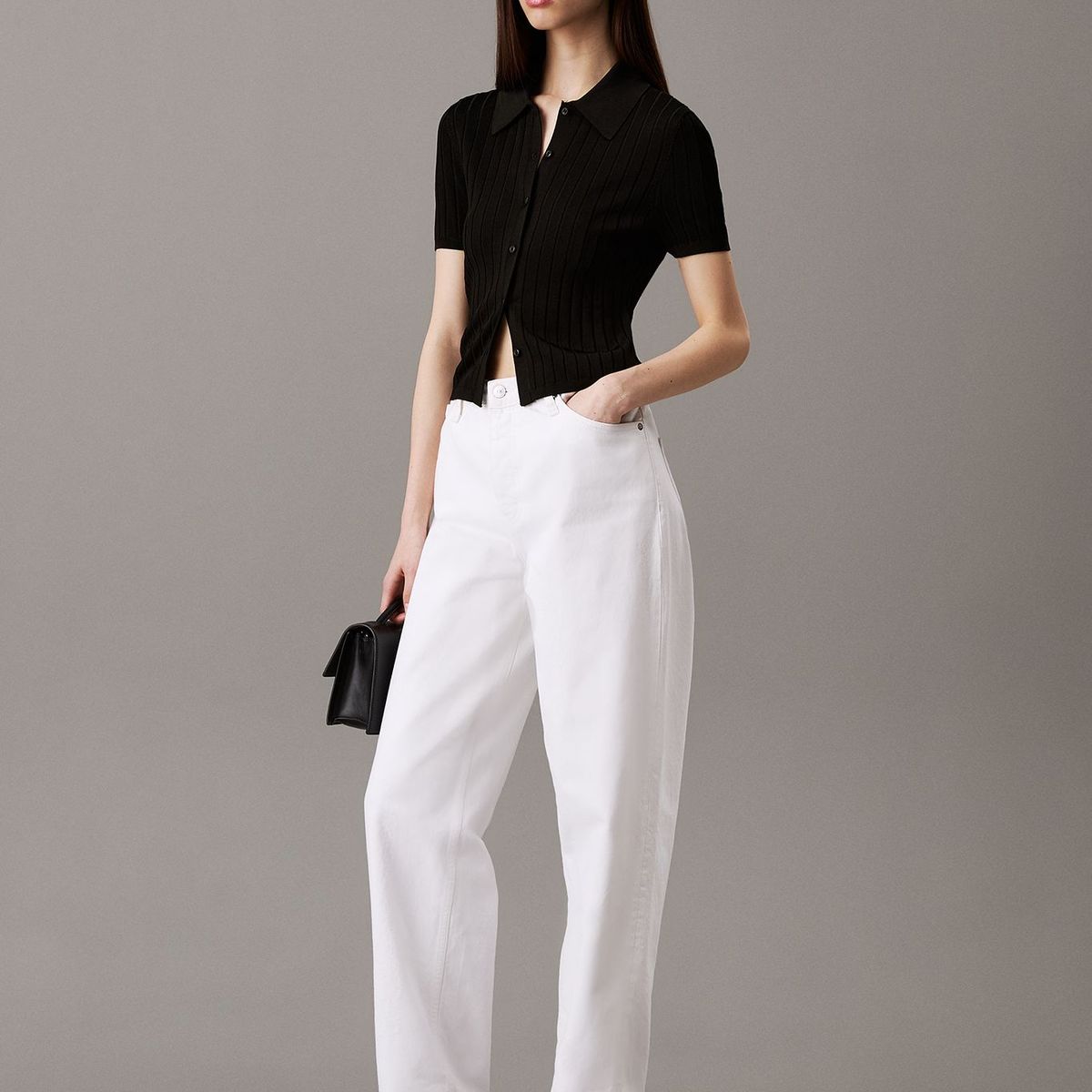 CALVIN KLEIN - Top negro tipo polo cropped de punto liso Calvin Klein