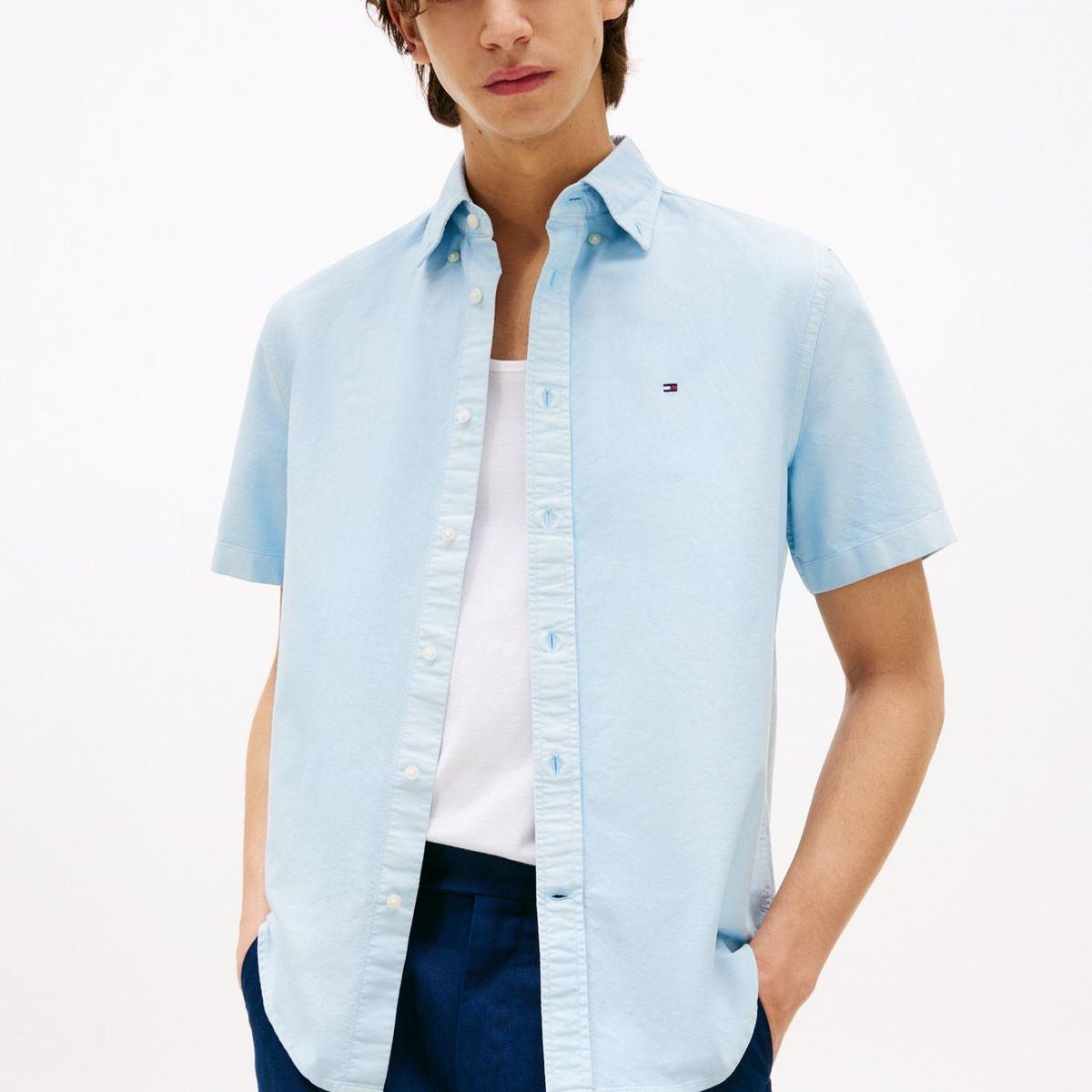 TOMMY HILFIGER - Camisa celeste Oxford de manga corta y corte regular Tommy Hilfiger