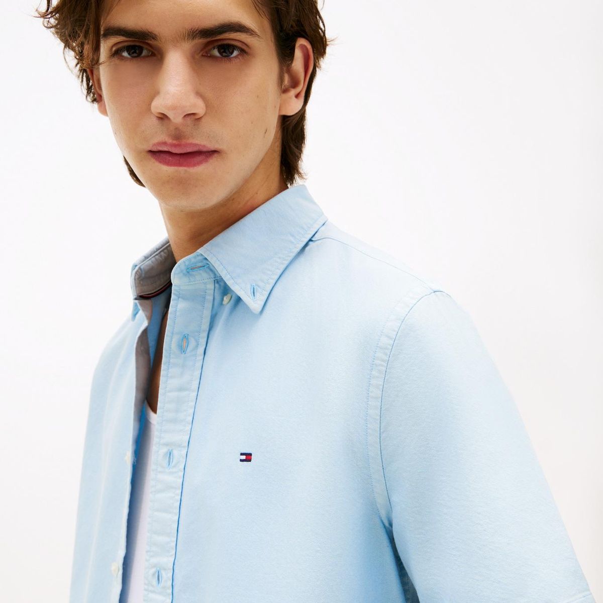 TOMMY HILFIGER - Camisa celeste Oxford de manga corta y corte regular Tommy Hilfiger