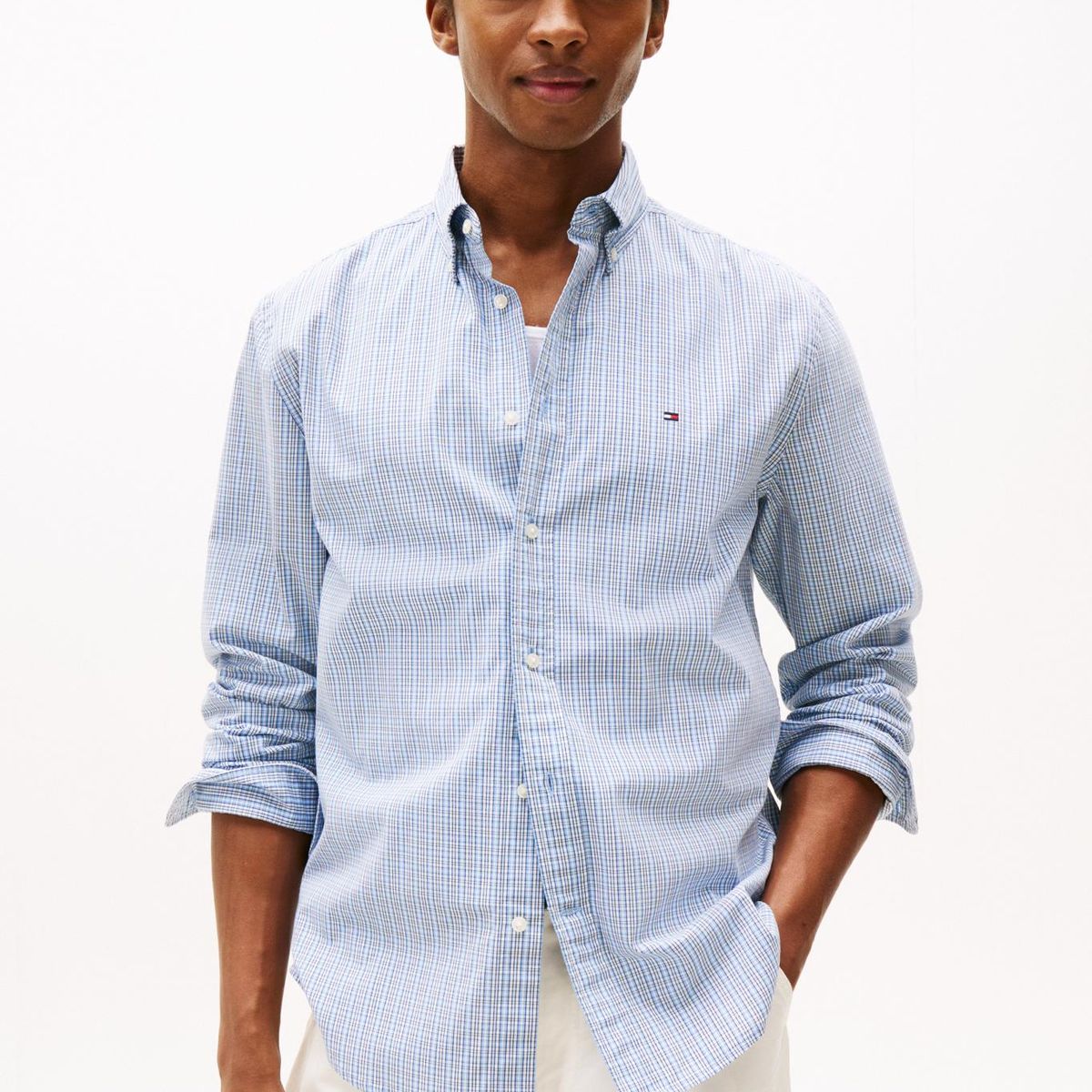 TOMMY HILFIGER - Camisa celeste Flex Poplin de manga larga Tommy Hilfiger