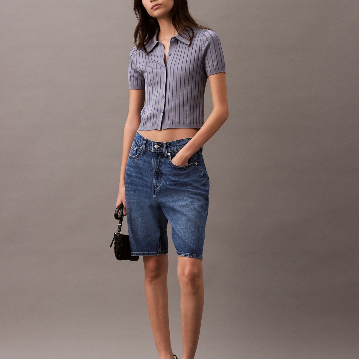 CALVIN KLEIN - Top azul tipo polo cropped de punto liso Calvin Klein