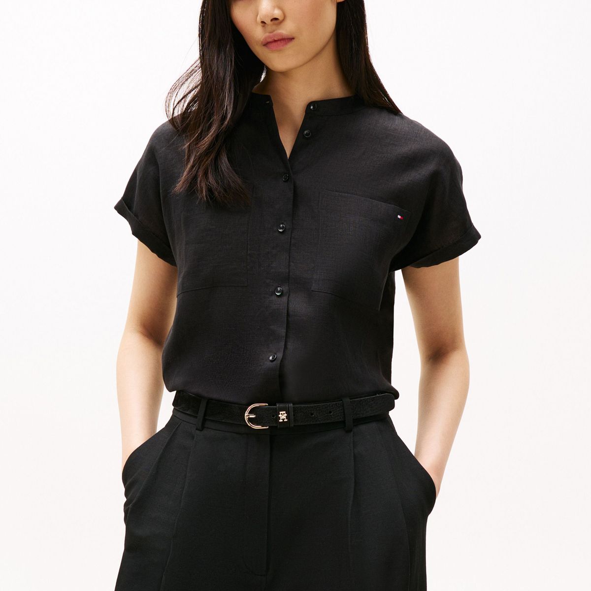 TOMMY HILFIGER - Blusa negra amplia de manga corta en lino Tommy Hilfiger