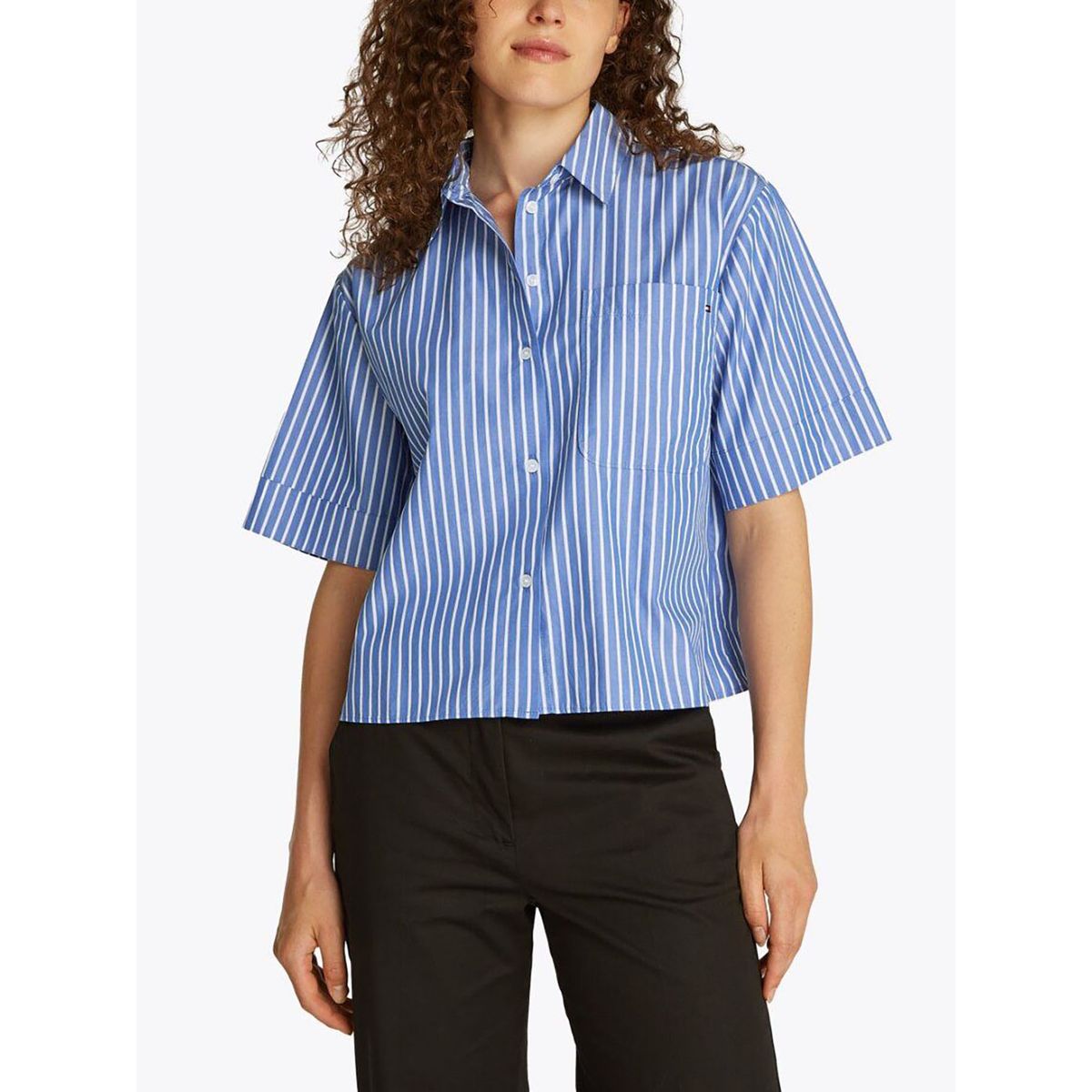 TOMMY HILFIGER - Camisa azul Corta de Rayas con Bolsillo Tommy Hilfiger
