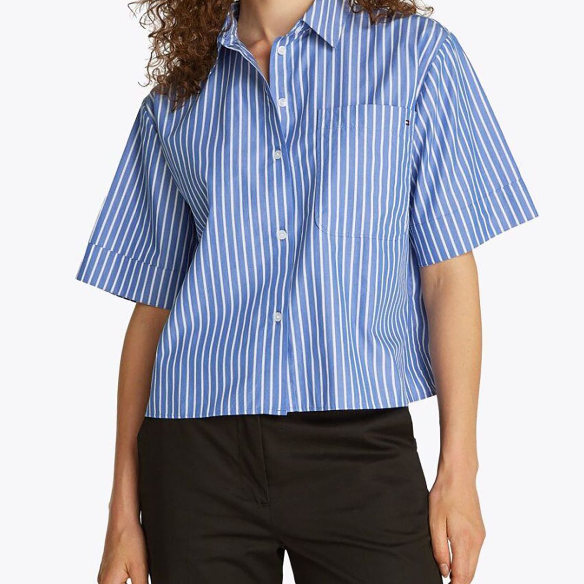 TOMMY HILFIGER - Camisa azul Corta de Rayas con Bolsillo Tommy Hilfiger