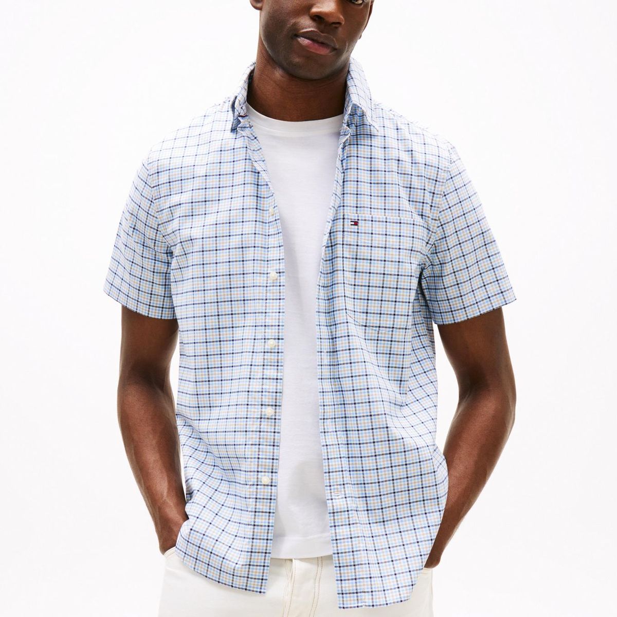 TOMMY HILFIGER - Camisa celeste Oxford de manga corta Tommy Hilfiger