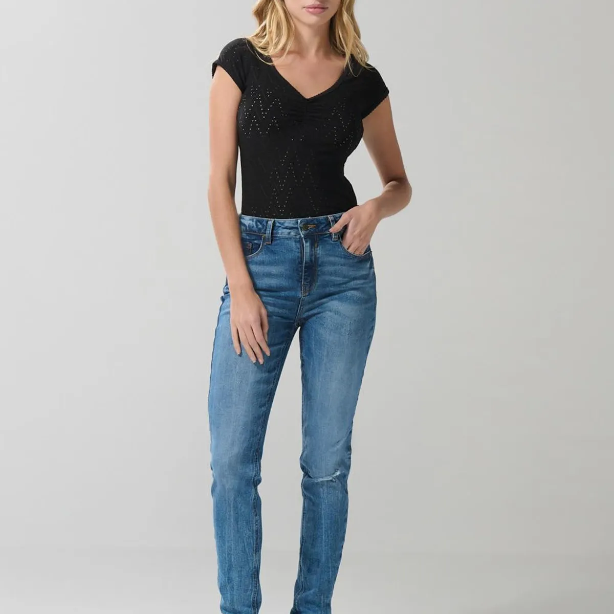 KOAJ - KOAJ Jean jegging ceñido azul claro con rotos y tiro alto Mujer