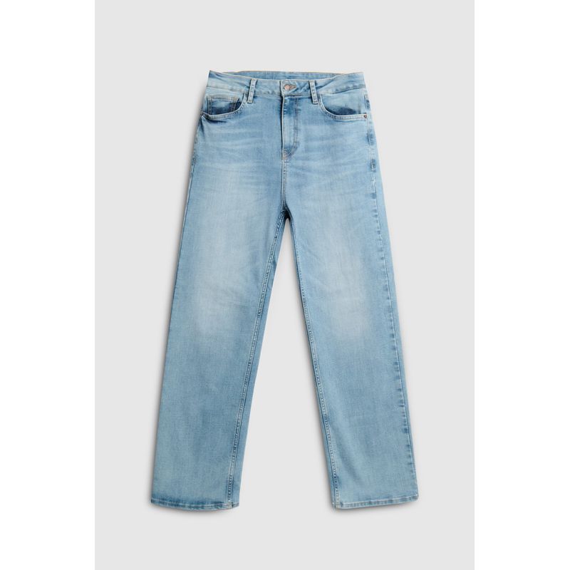 KOAJ - KOAJ Jean azul claro straight leg con tiro alto y desgastes Mujer