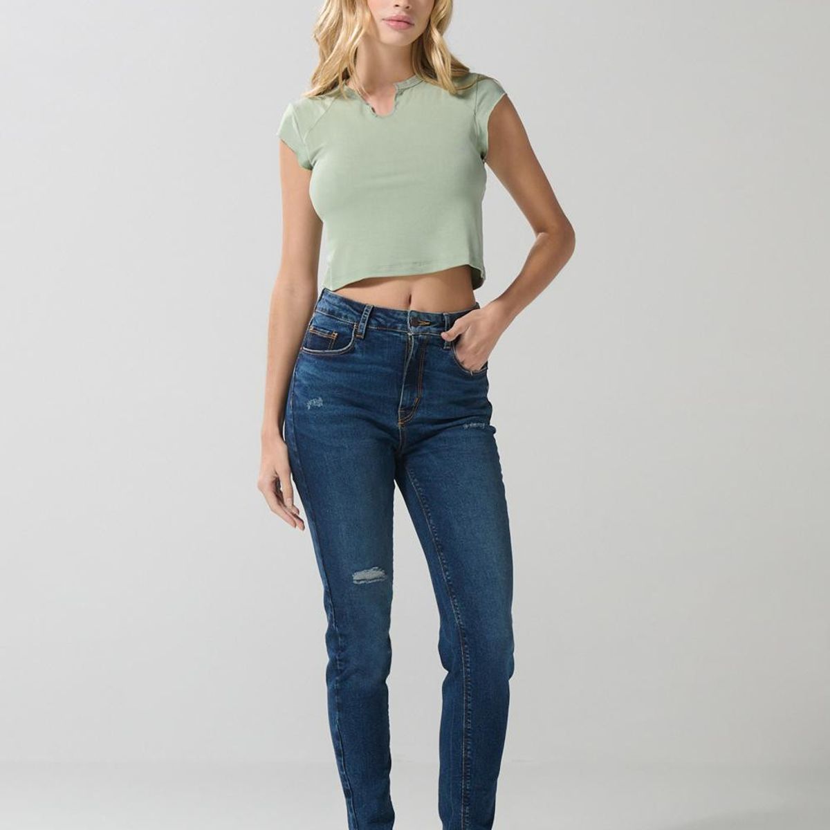 KOAJ - KOAJ Jean azul oscuro jegging con rotos y tiro súper alto Mujer
