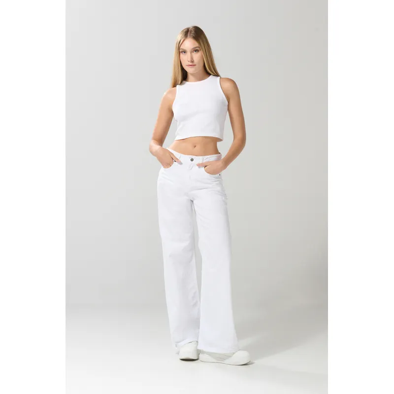 KOAJ - KOAJ Jean blanco tipo palazzo con tiro medio y bota ancha
