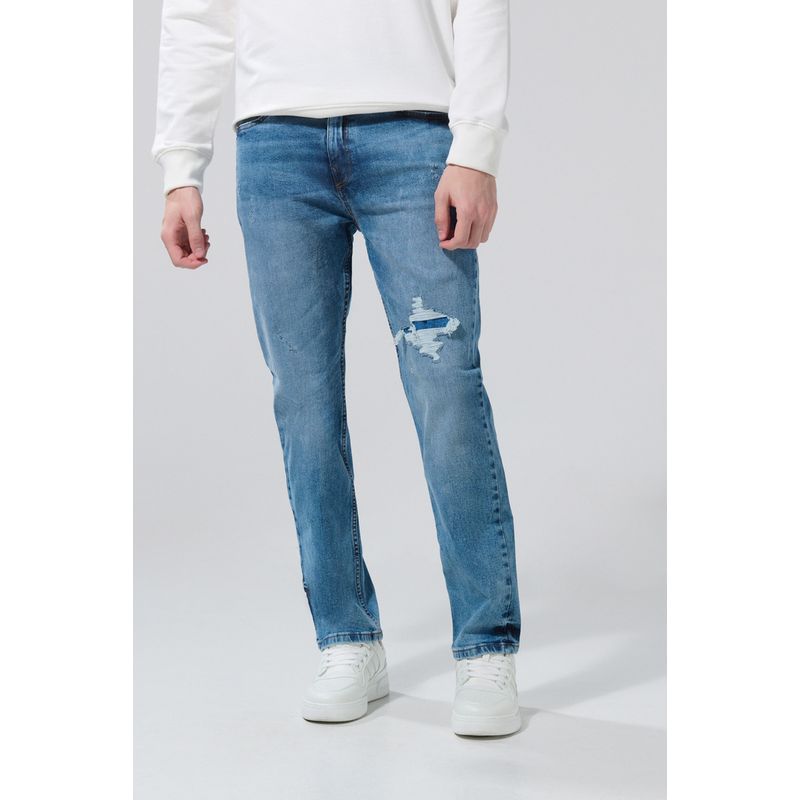 KOAJ - KOAJ Jean azul claro straight leg con rotos y tiro bajo