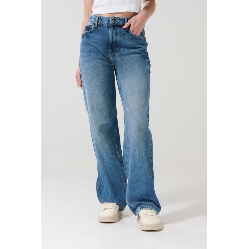 KOAJ - KOAJ Jean bota recta 90´S azul con tiro alto y cremallera