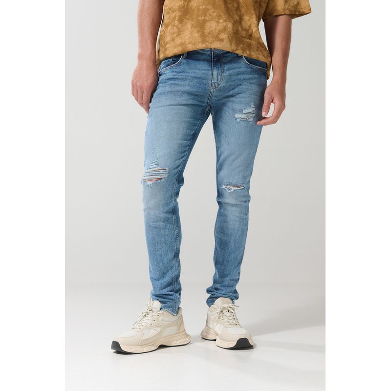 KOAJ - KOAJ Jean skinny tiro bajo azul claro ajustado con rotos Hombre