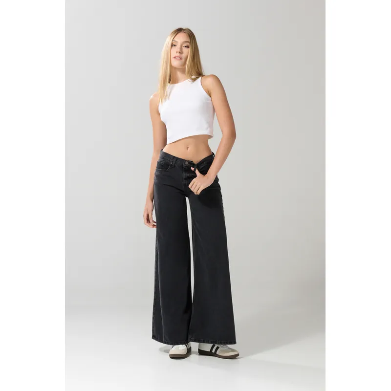 KOAJ - KOAJ Jean palazzo gris oscuro con bota ancha y tiro medio