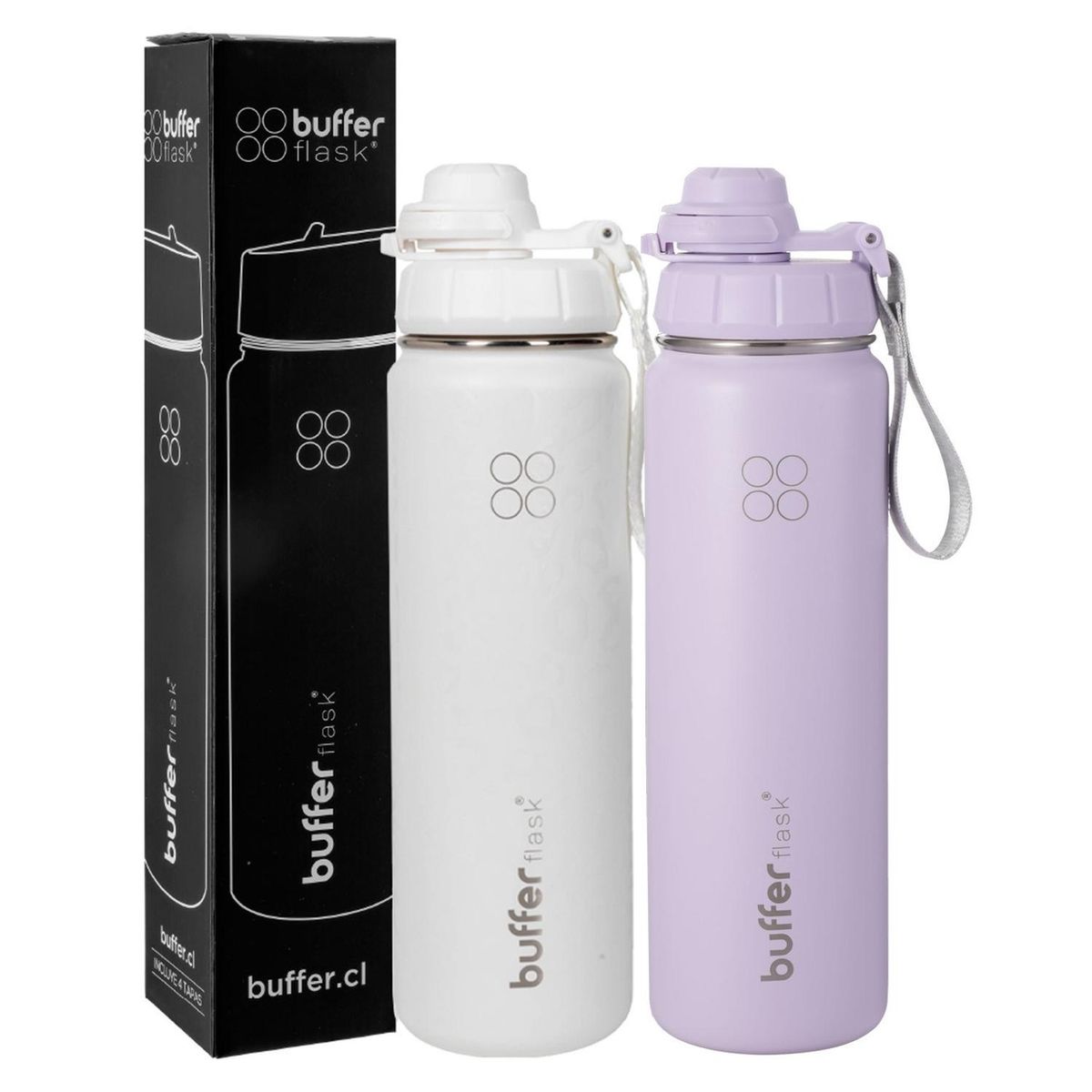 BUFFER FLASK - Termo Botella Agua Termica Buffer Acero Inox +4 Tapas Set x2 - Blanco