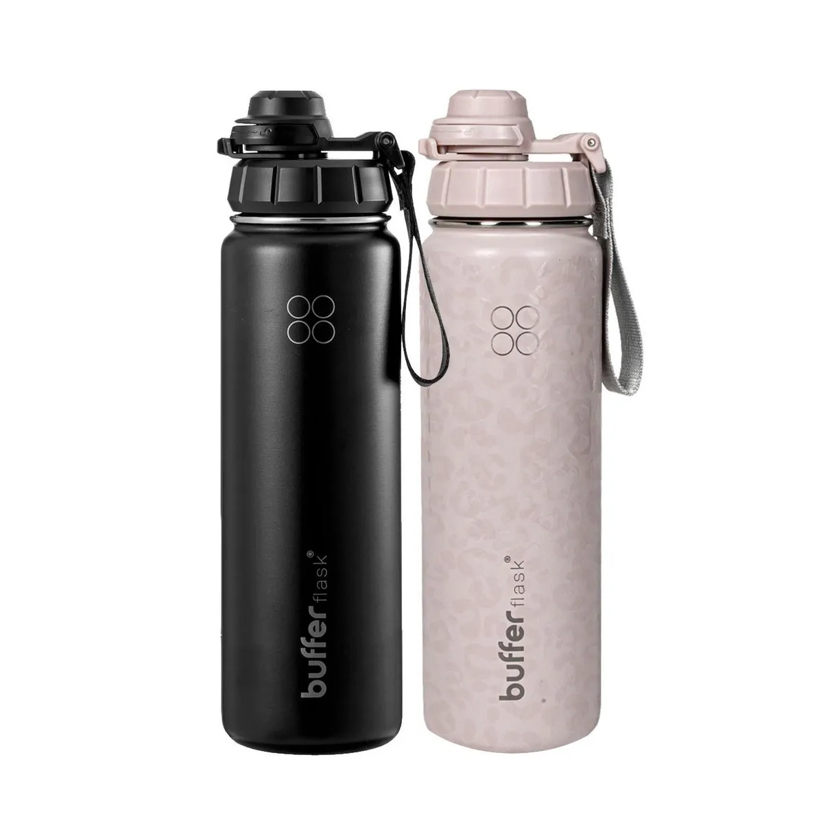 BUFFER FLASK - Termo Botella Agua Termica 700 Ml Buffer Acero Inox + 4 Tapas Set x2 - Negro