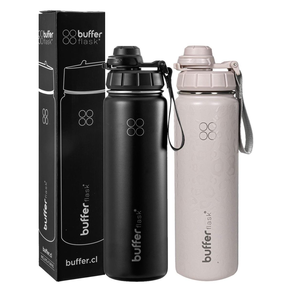 BUFFER FLASK - Termo Botella Agua Termica 700 Ml Buffer Acero Inox + 4 Tapas Set x2 - Negro