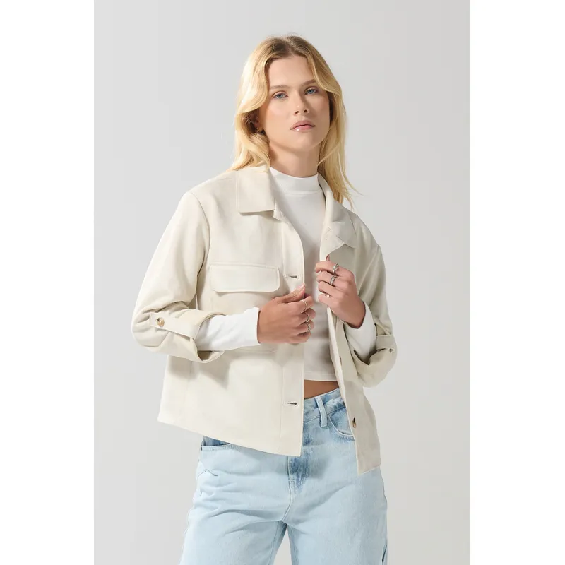 KOAJ - KOAJ Cazadora crema en gamuza con cuello trucker Mujer