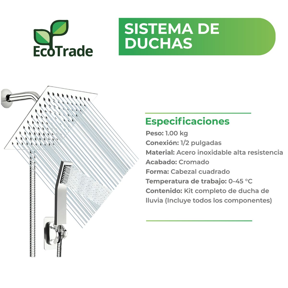 ECOTRADE FILTERS - Ducha Lluvia Acero Inoxidable Negro mate Manguera Flexible