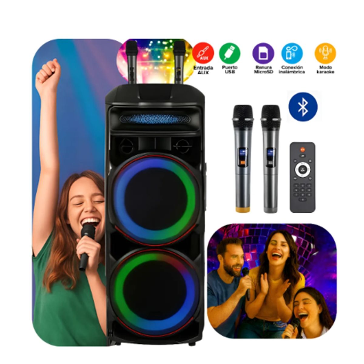 GENERICO - Torre De Sonido Con Micrófonos Control Remoto Modelo CH-2198