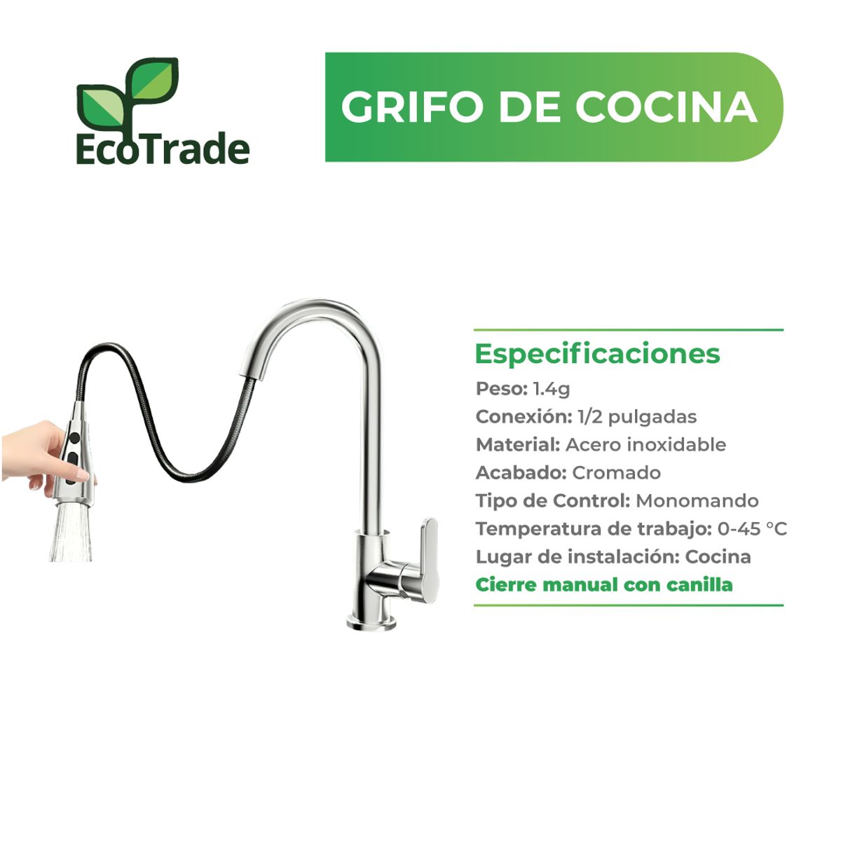 ECOTRADE FILTERS - Grifo Cocina Monomando con Rociador Extensible Giro 360°