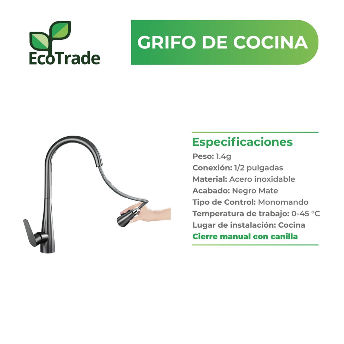 ECOTRADE FILTERS - Grifo Cocina Acero Inoxidable Mate Rociador Extensible 360°