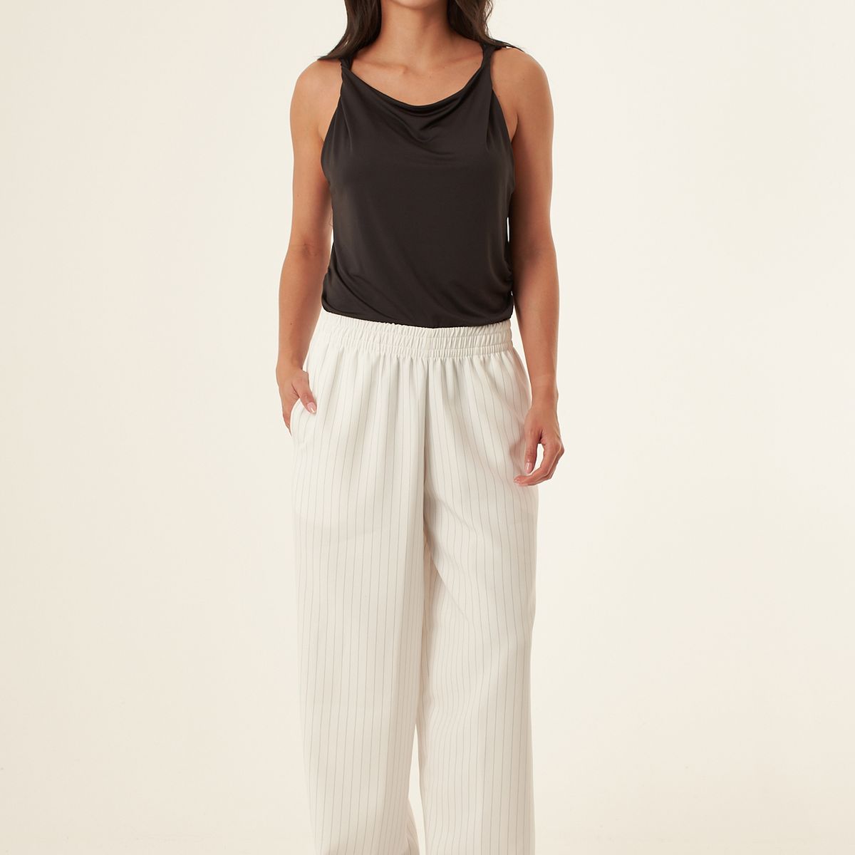 BELIFE - Pantalón amplio ivory con bolsillos para mujer