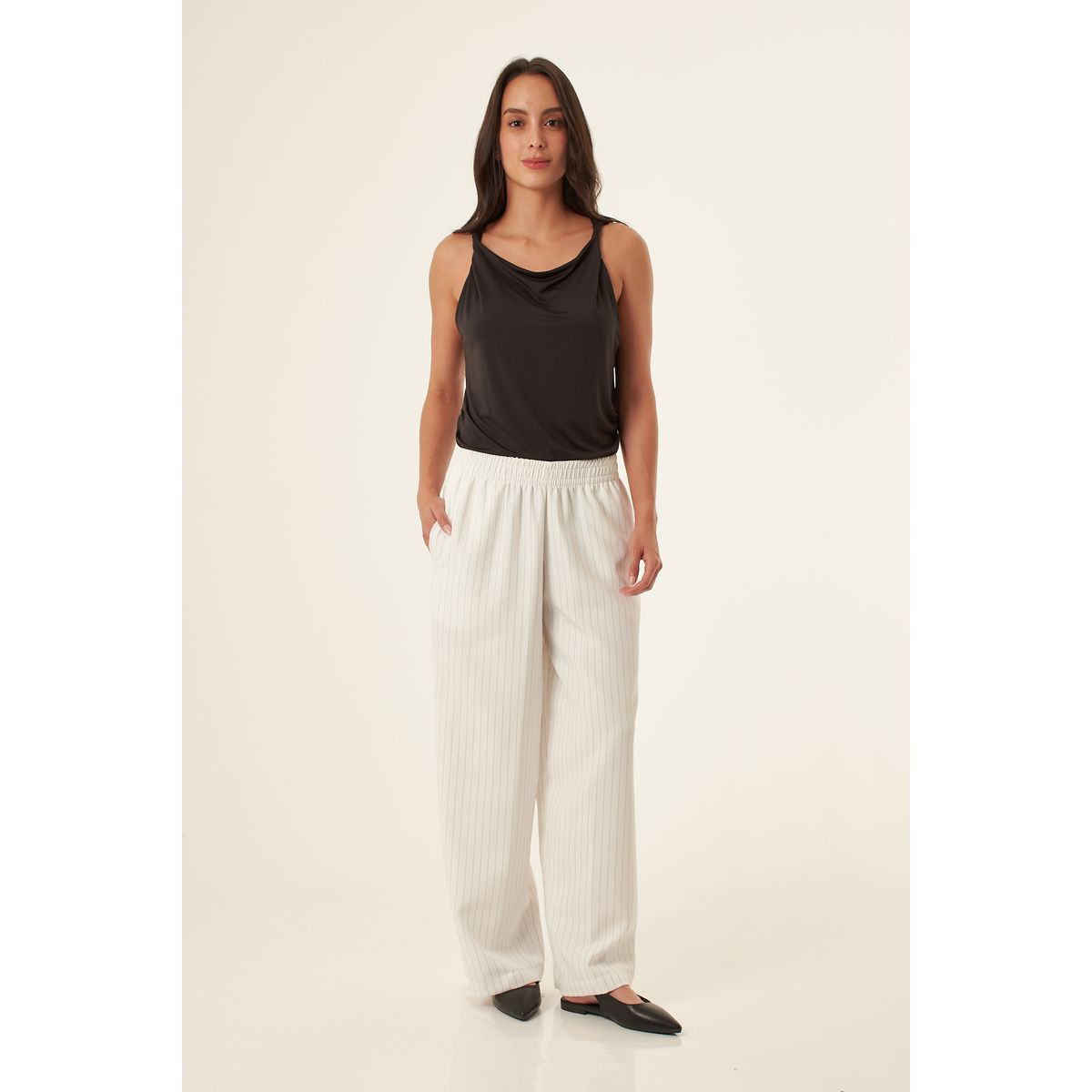 BELIFE - Pantalón amplio ivory con bolsillos para mujer